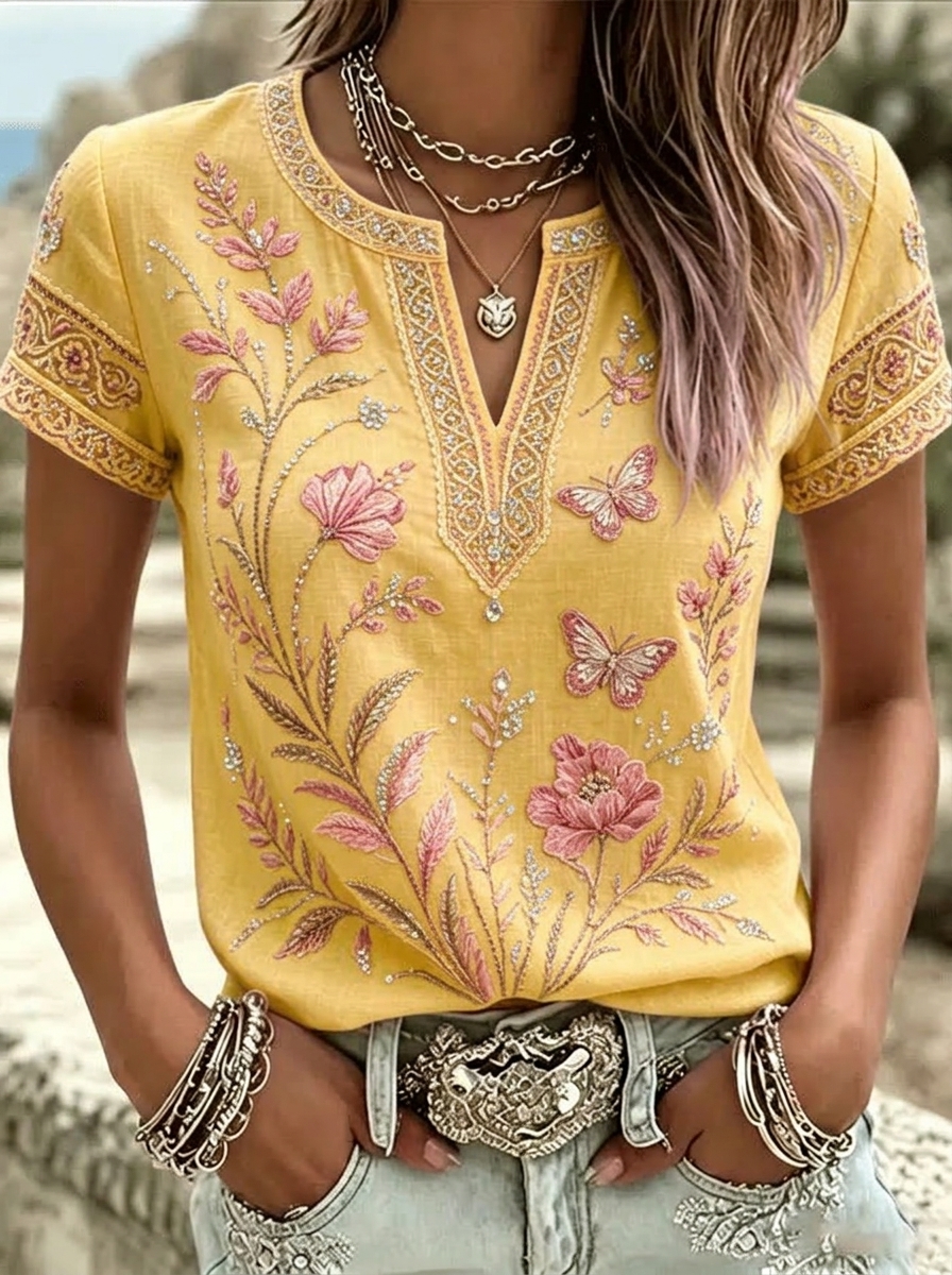 Women's casual cotton and linen short sleeved shirt