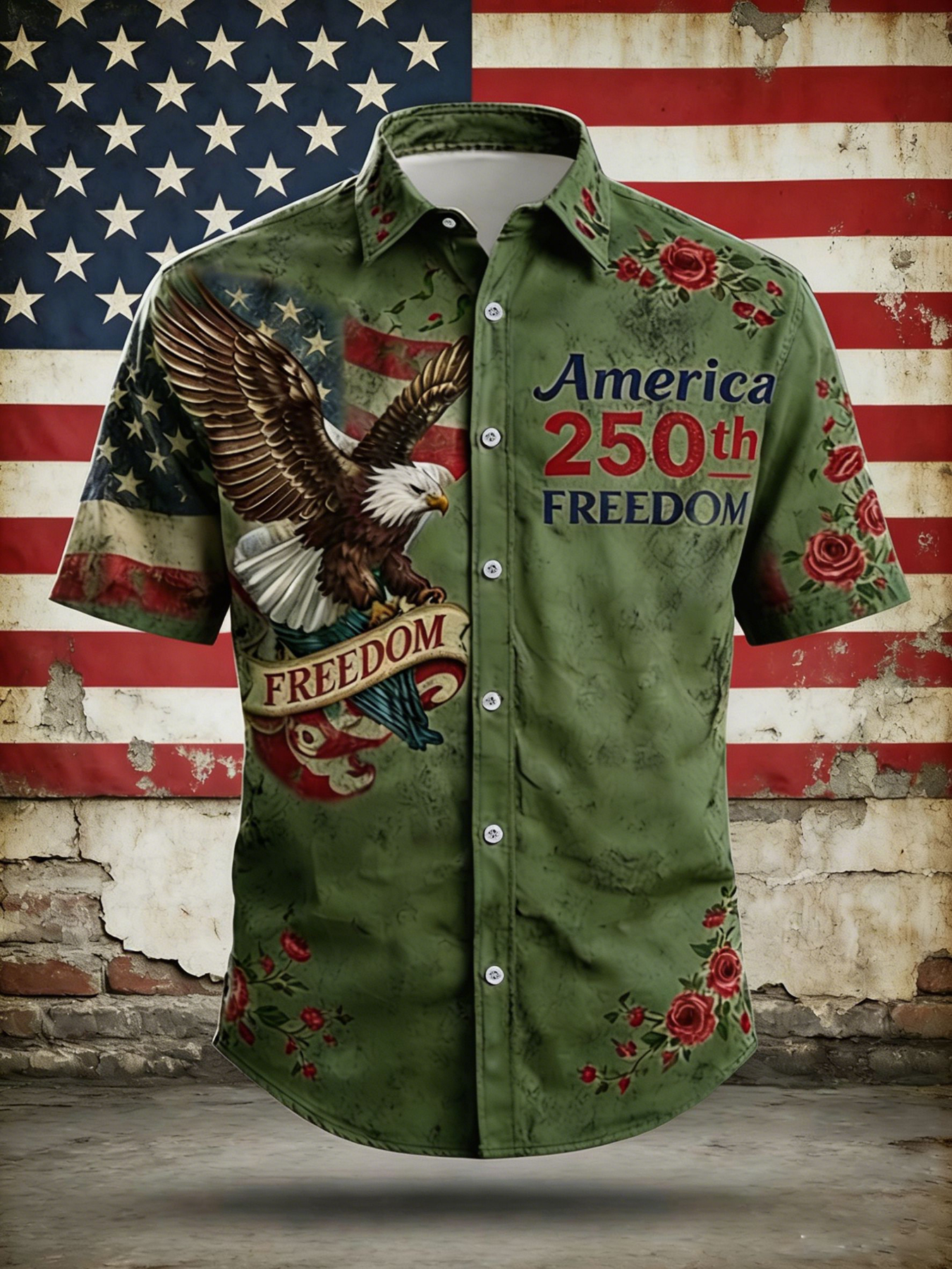 America 250th Freedom Vintage Button-Down Shirt – Eagle & American Flag Print with Floral Accents, Patriotic Short Sleeve Casual Top