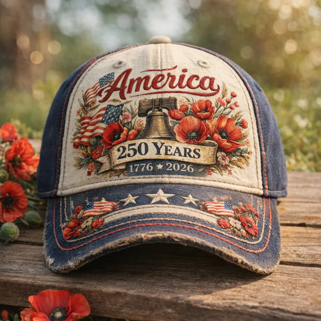 Patriotic USA 250 Anniversary Cap | Embroidered Flower & Flag Design