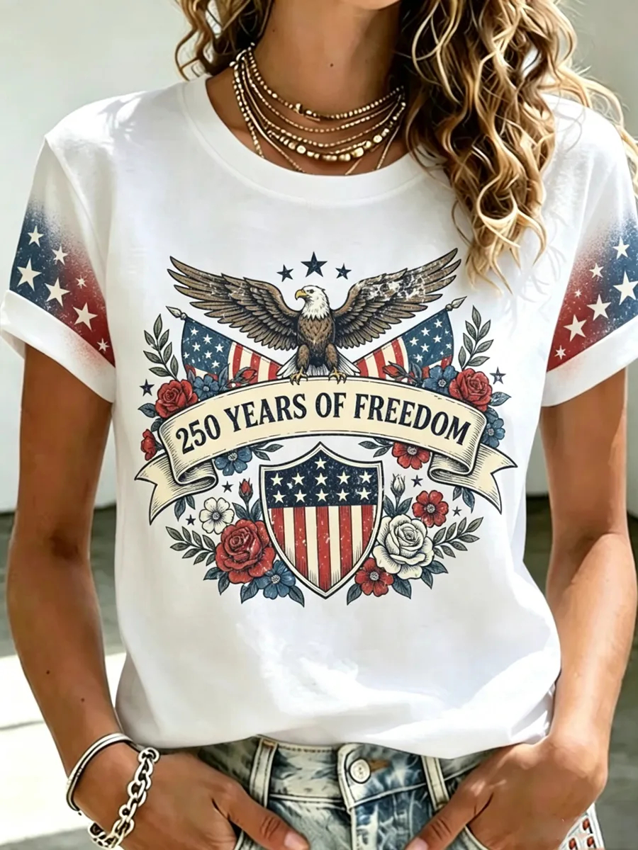 [Copy]Distressed Denim Style Patriotic Eagle Wing Print Ladies Loose Fit Curved Hem Top