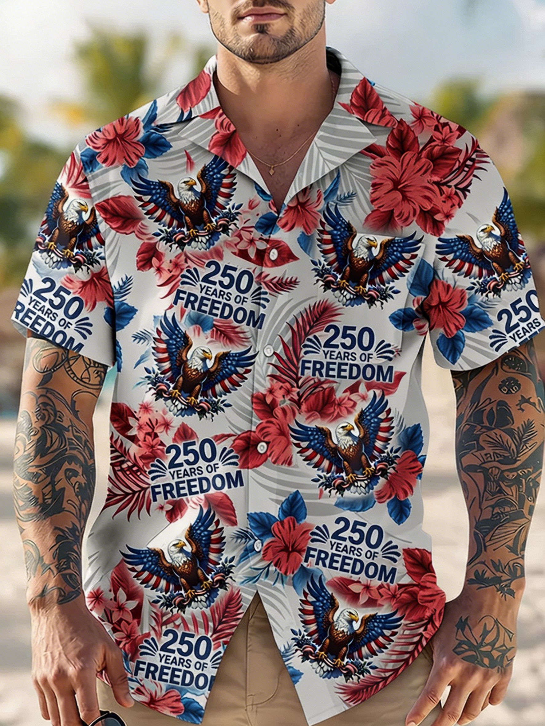 Patriotic USA Eagle Flag Print Camp Collar Shirt, Star & Firework Casual Aloha Shirt