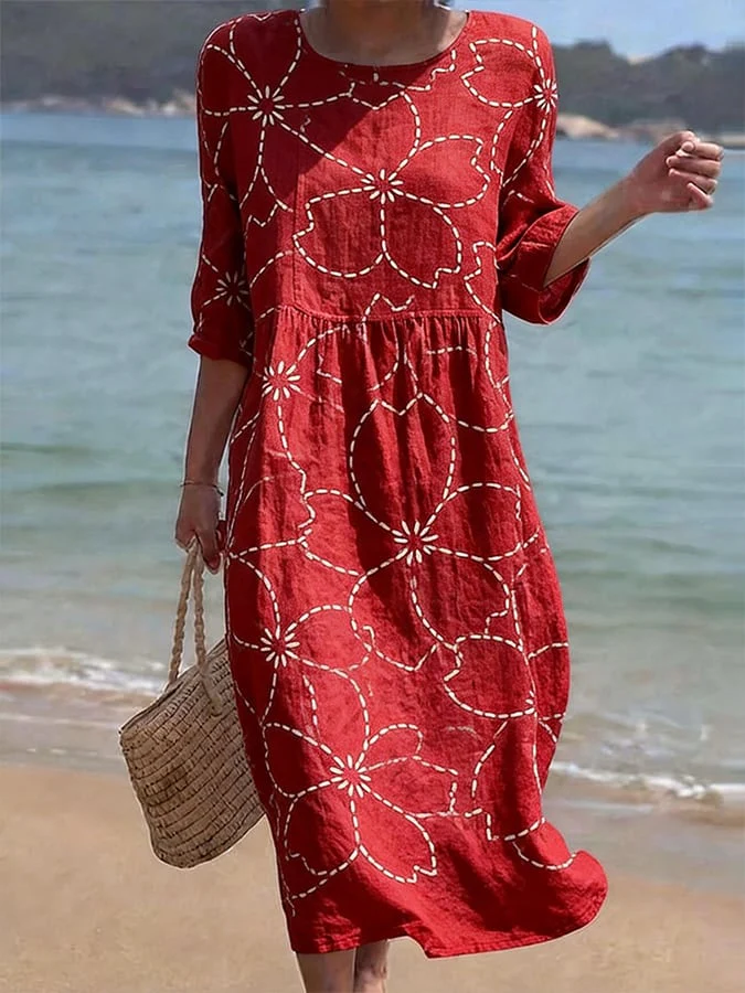 Round Neck Relaxed Fit Flowy Floral Midi Dress Ladies Holiday Daily Swing Dress