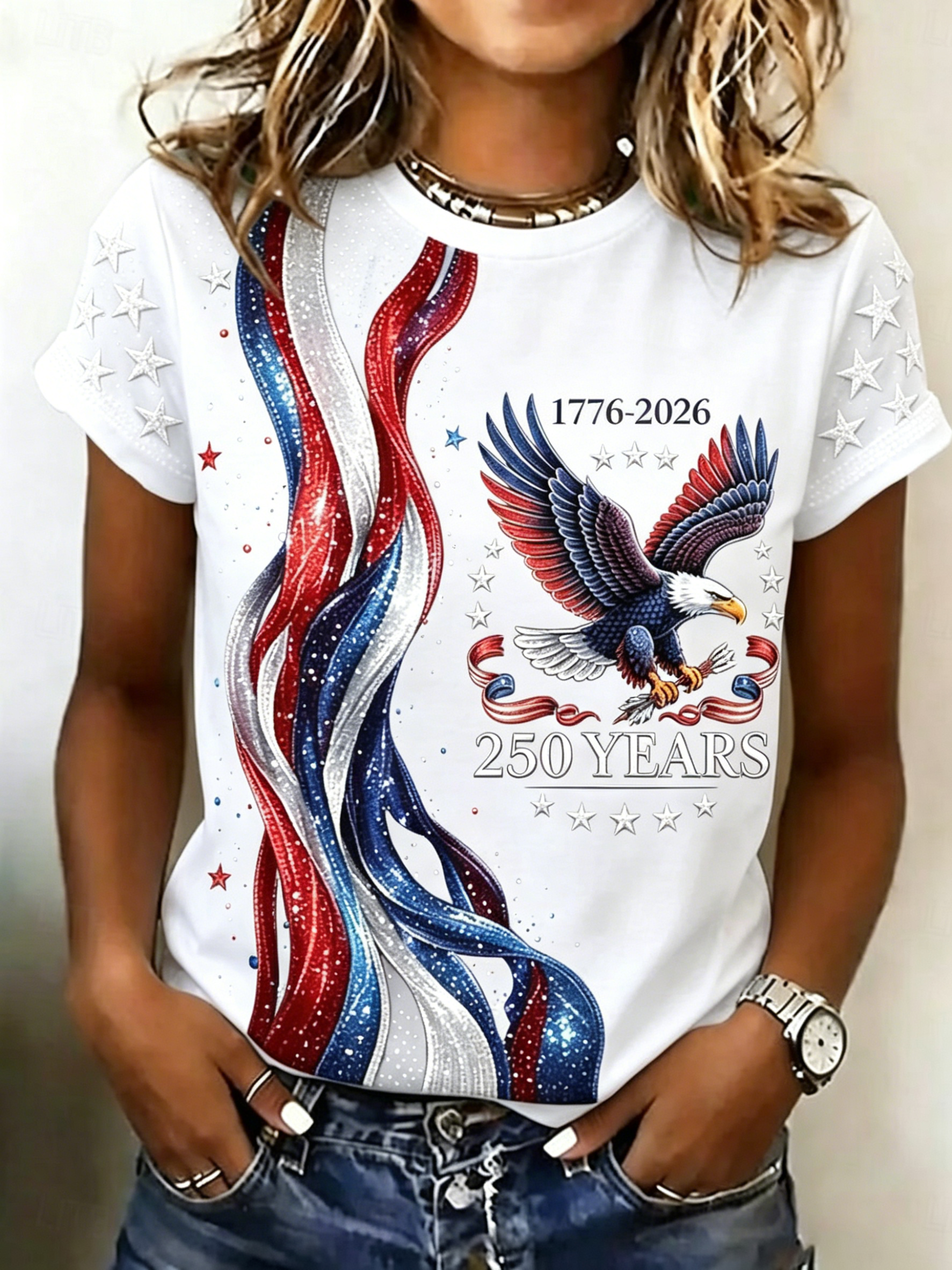 Women’s Patriotic Eagle & Flag Print T-Shirt, 250th Anniversary Top, Multiple Colors Available