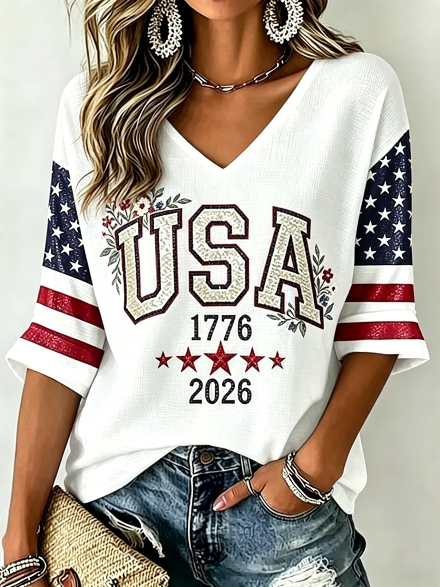 Glitter USA Floral Star Flag Raglan 3/4 Sleeve V Neck Patriotic T-Shirt for Women