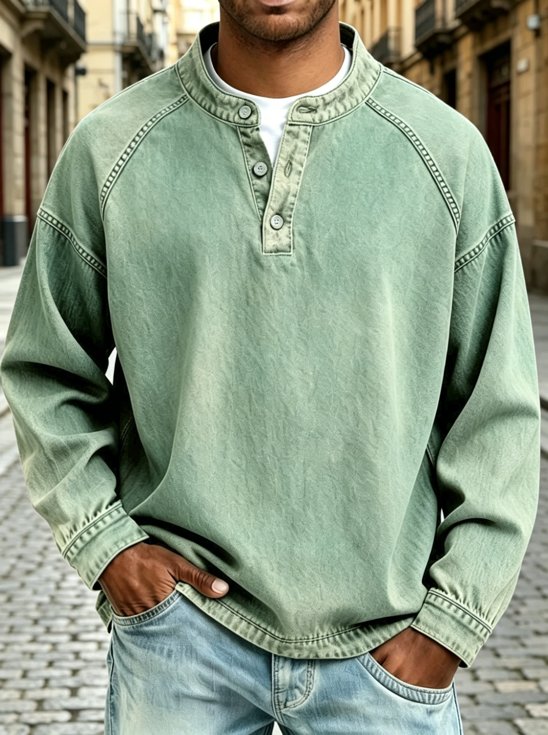 Henley Collar Raglan Sleeve Washed Sweatshirt for Men