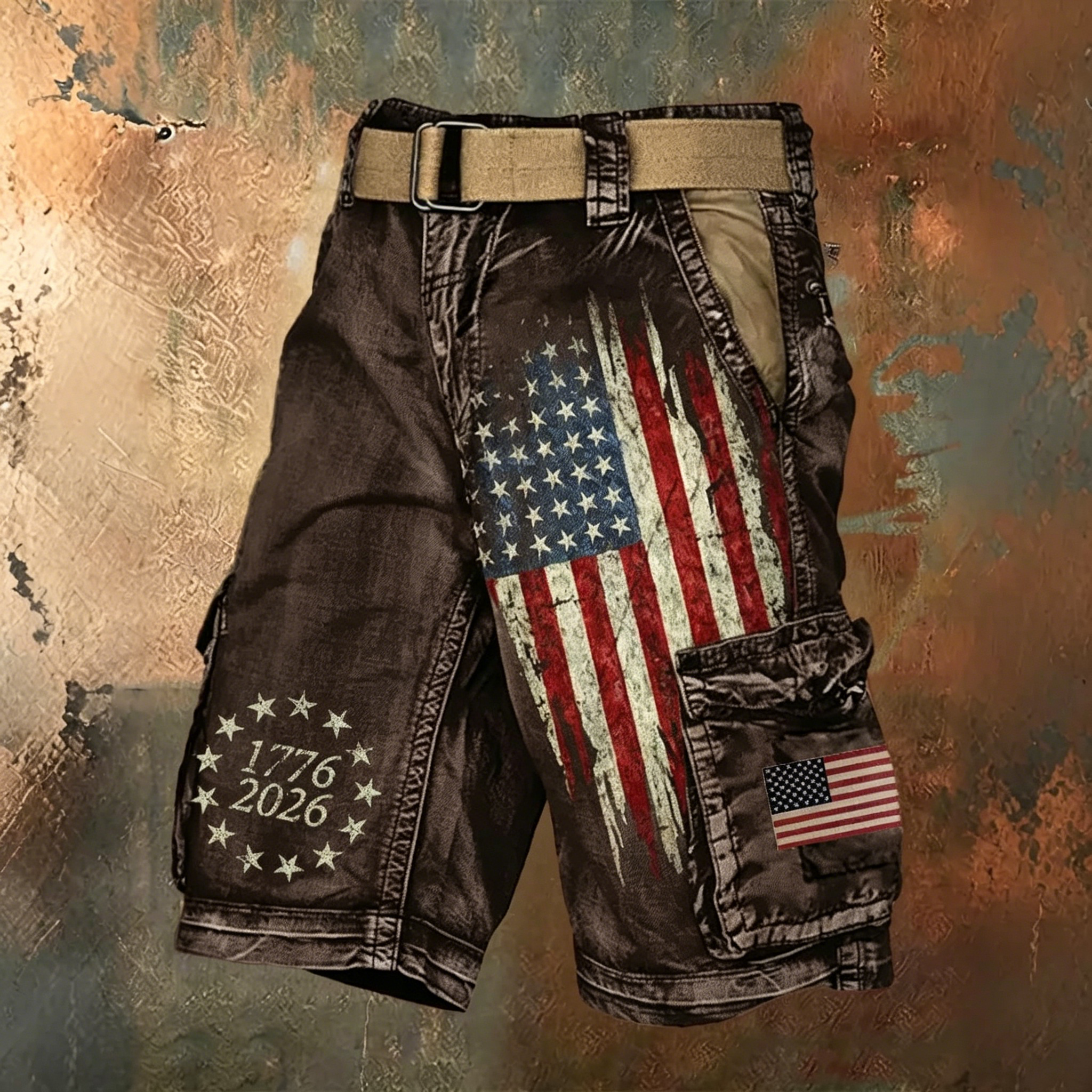 Vintage American Flag Print Cargo Shorts, Patriotic 1776-2026 Distressed Casual Shorts