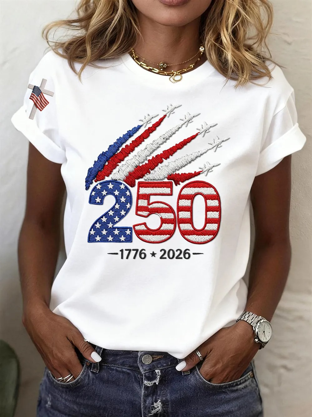 [Copy]Women's USA 250th Anniversary Patriotic T-Shirt, 1776-2026 Flag Print Tee