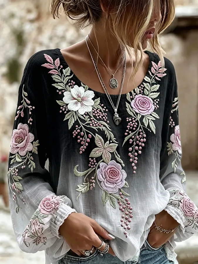 🌸 Boho Floral Embroidered Ombre Blouse