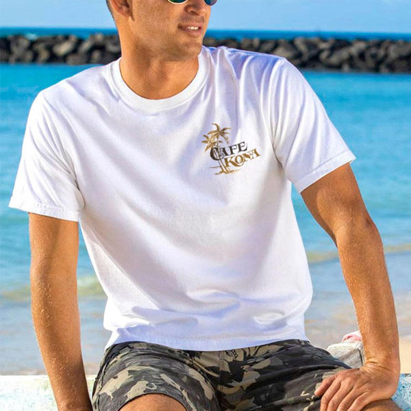 Classic white round neck Cafe Kona T-shirt with sleeves