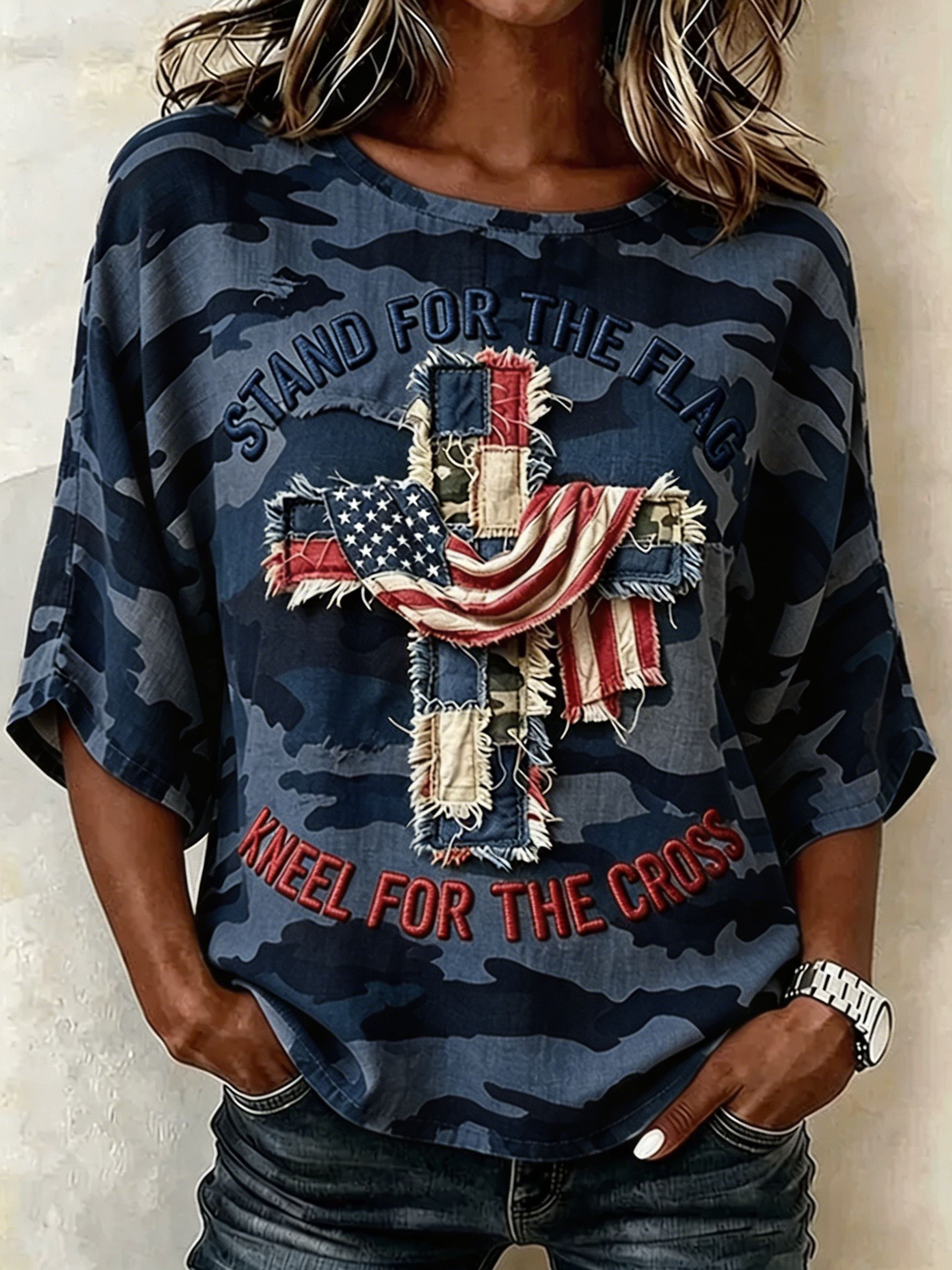 Stand For The Flag Kneel For The Cross Camo T-Shirt USA Flag Cross Graphic Tee