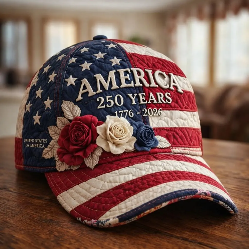 America 250 Years 1776-2026 Patriotic Floral Quilted Baseball Cap