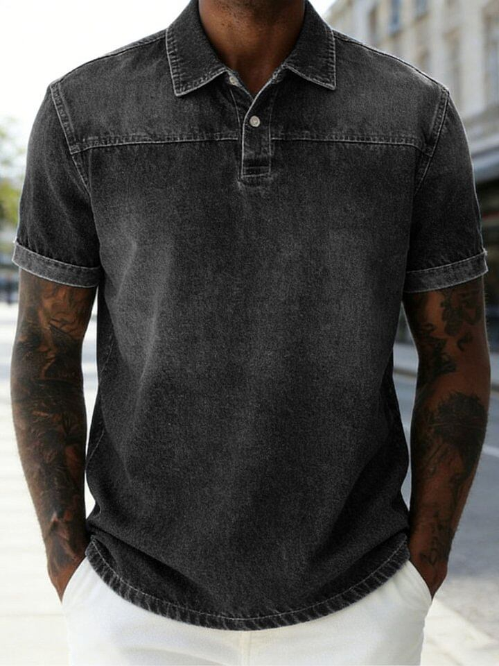 Casual Streetwear Vintage Distressed Denim Short Sleeve Polo Shirt for Men