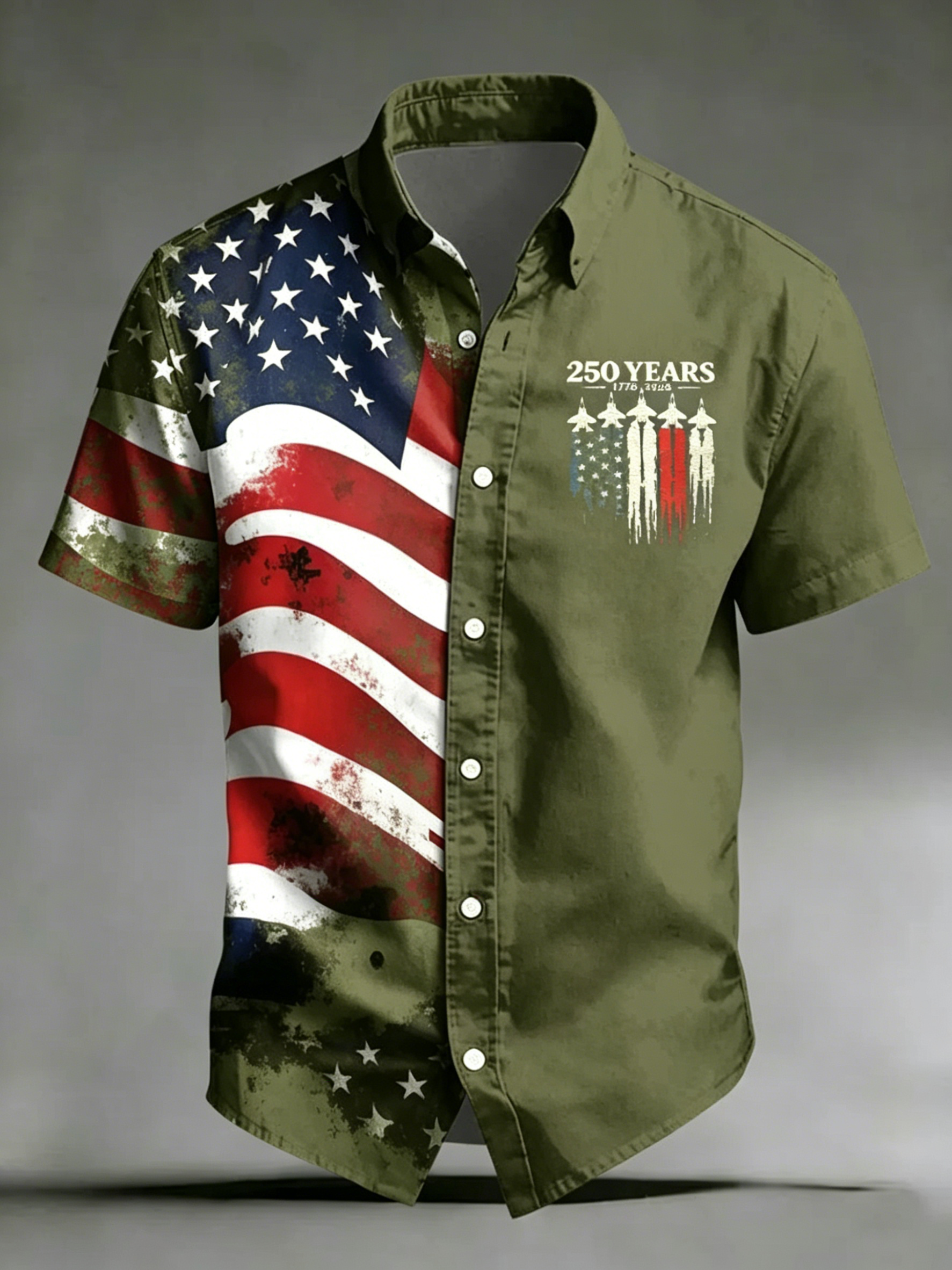 Patriotic USA Flag & Jet Print Casual Shirt, Vintage Split Design Short Sleeve Top