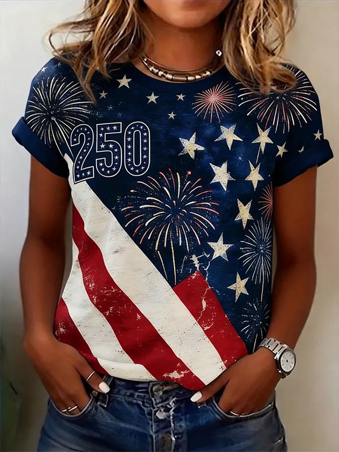Women's USA 250th Anniversary Vintage Flag & Fireworks Crewneck T-Shirt