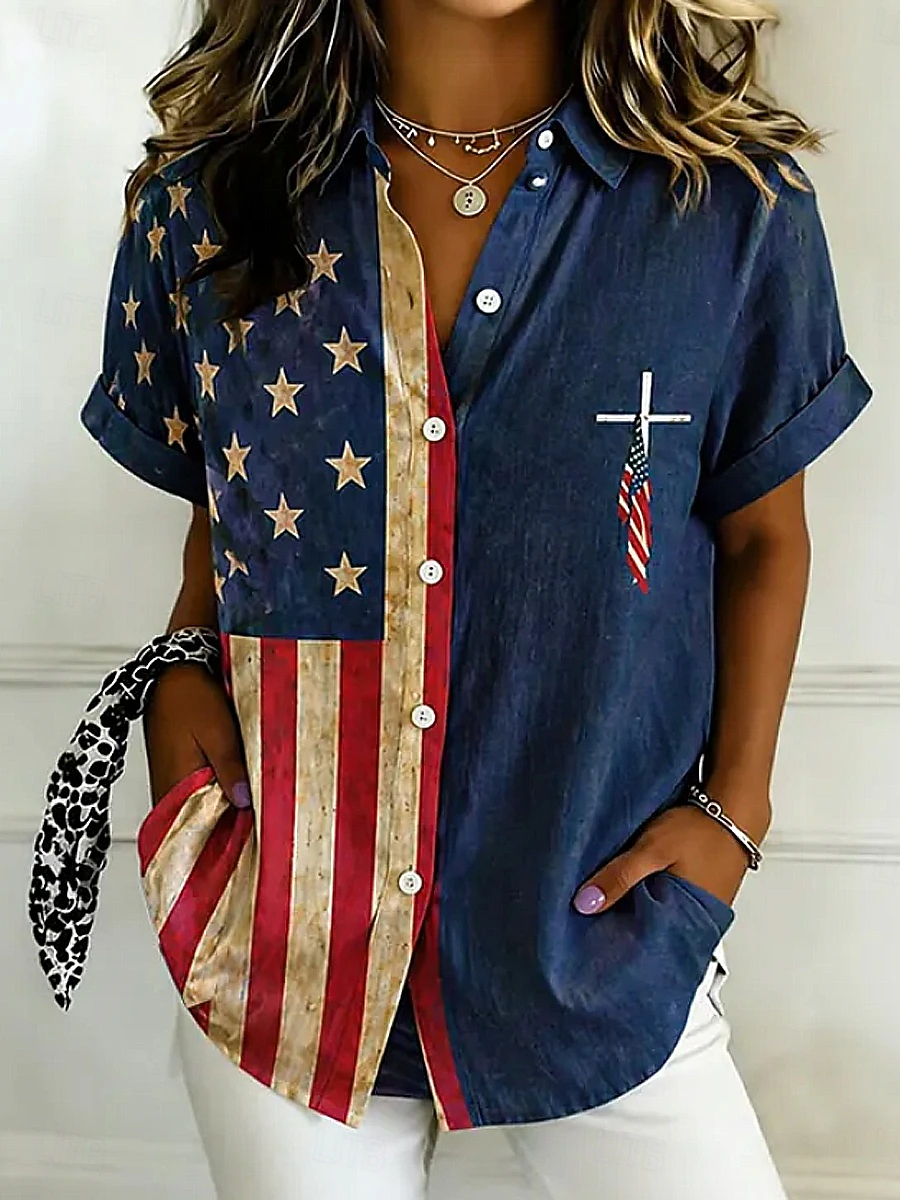 Patriotic Faith Themed Two Pattern Short Sleeve Roll Cuff Pocket Daily Wear Top