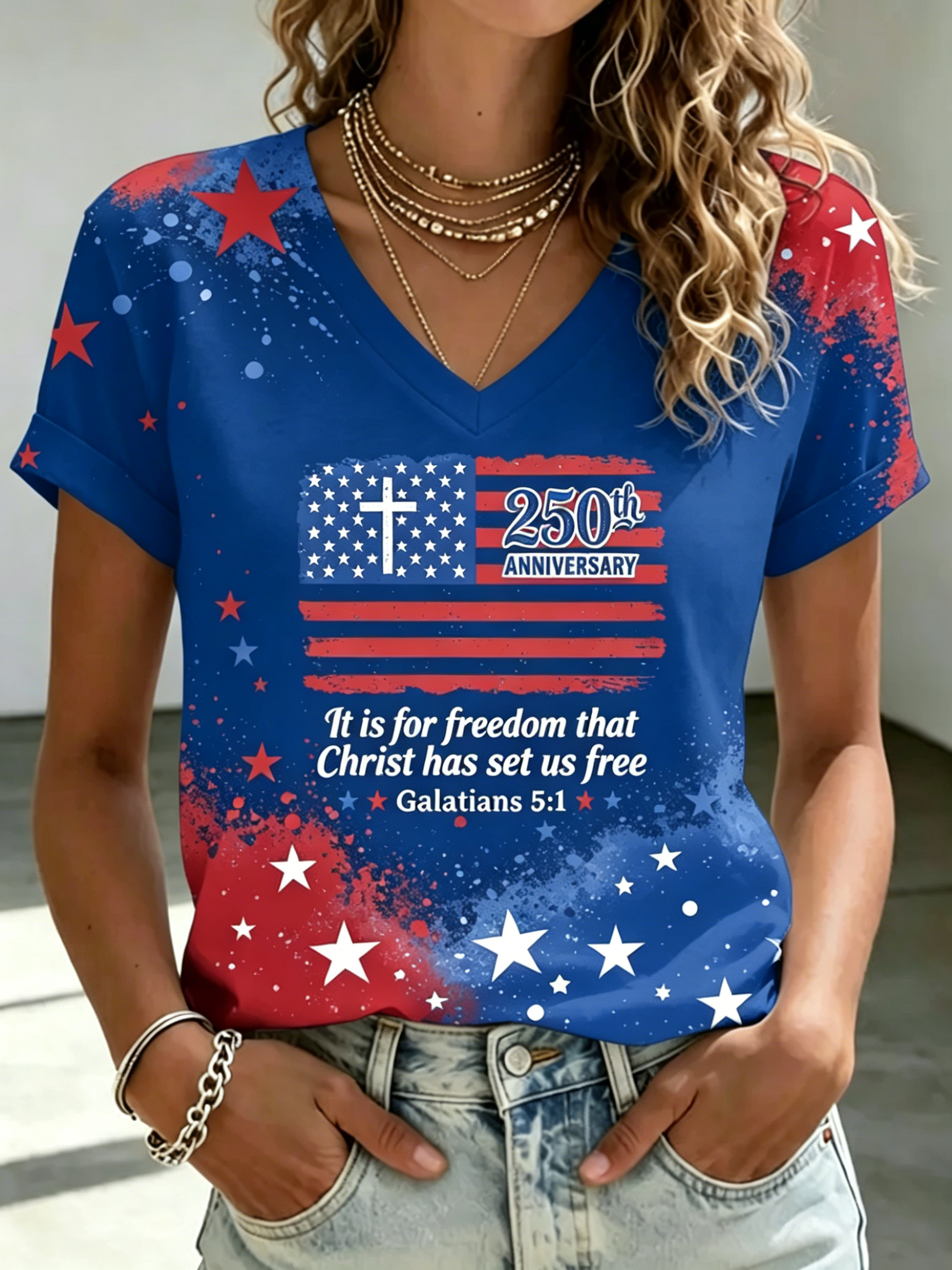250th Cross Flag Bible Splash Star V Neck Faith T-Shirt for Women