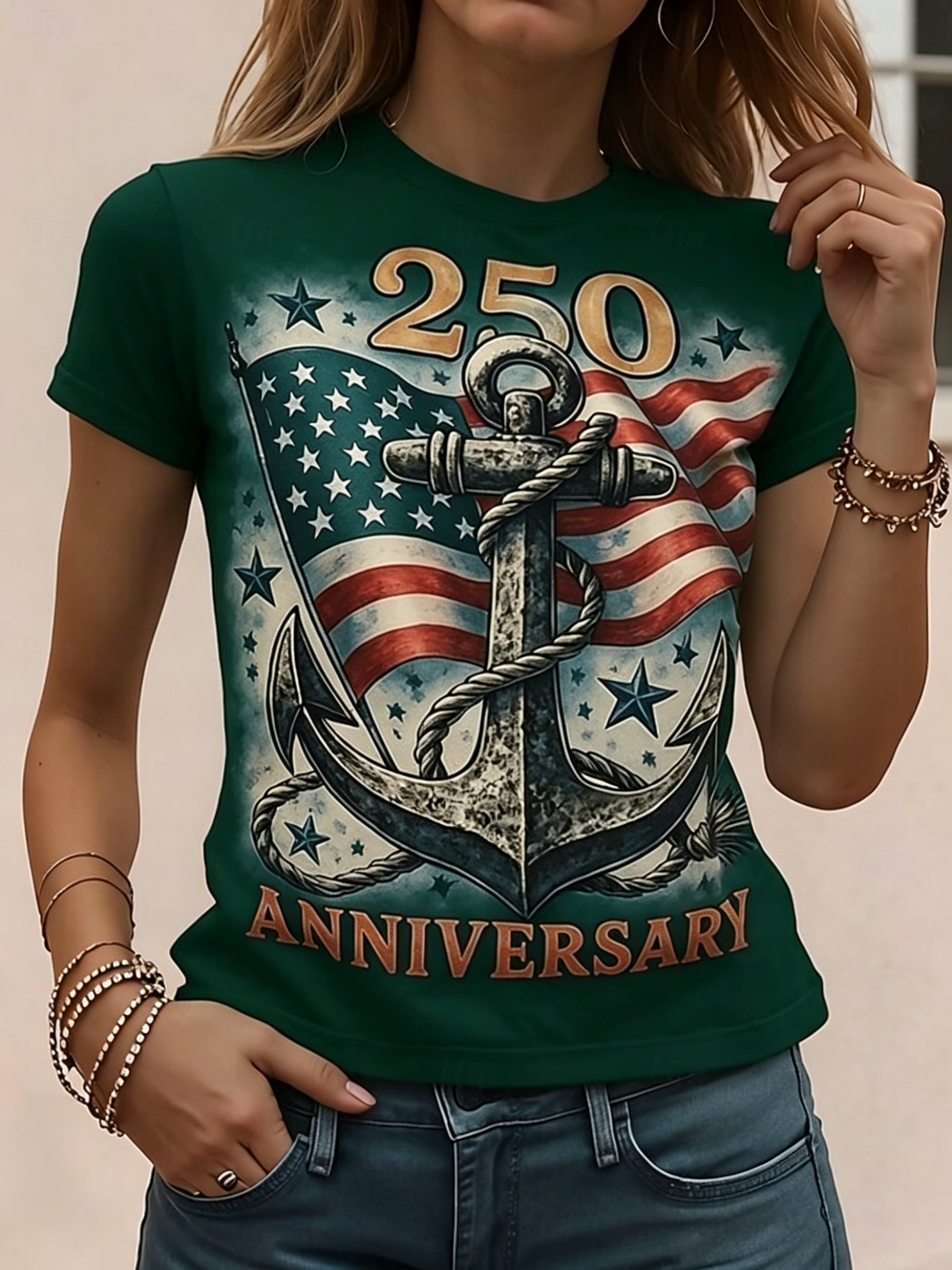 Women’s Patriotic Anchor & Flag Graphic T-Shirt, 250th Anniversary Top, Multiple Colors Available