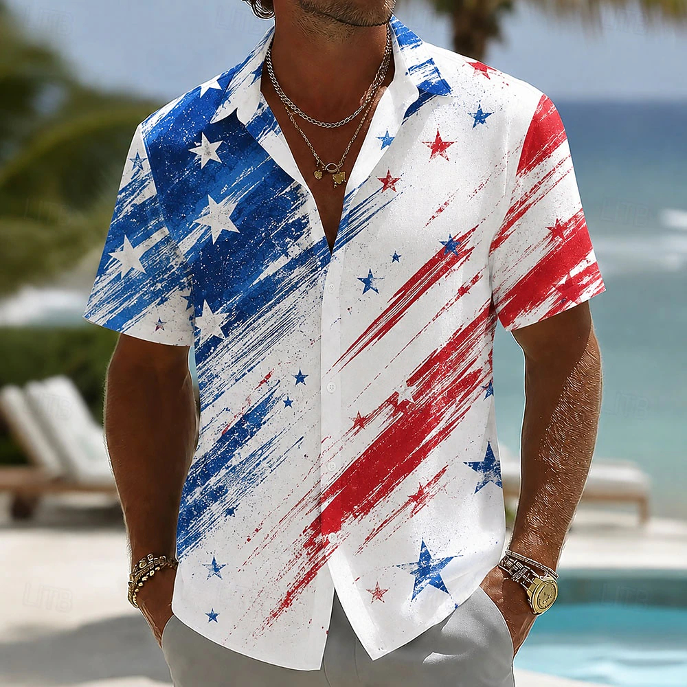 Men Vintage Brush Stroke American Star Flag Print Short Sleeve Lapel Casual Hawaiian Shirt