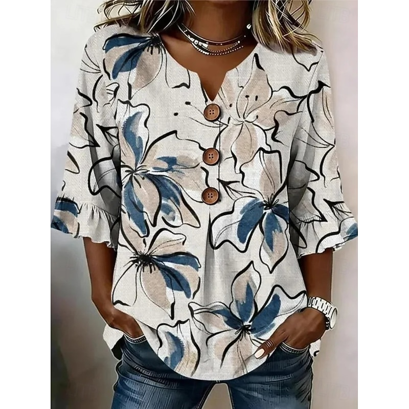 Ladies Lightweight Textured Casual Tunic Top, V-Neck Wooden Button Down Ruffle 3/4 Sleeve Shirt