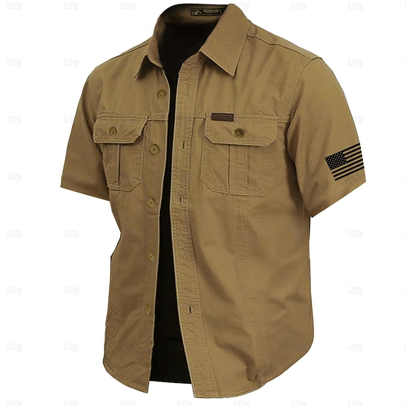 Men's Solid Color Work Shirt - Short Sleeve Cargo Casual