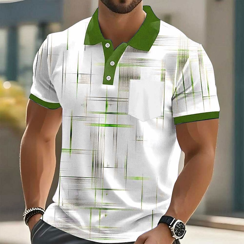 Mens Trendy Cross Line Pattern Polo T-Shirt, Contrast Trim Collar Short Sleeve Breathable Casual Golf Shirts for Weekend Vacation