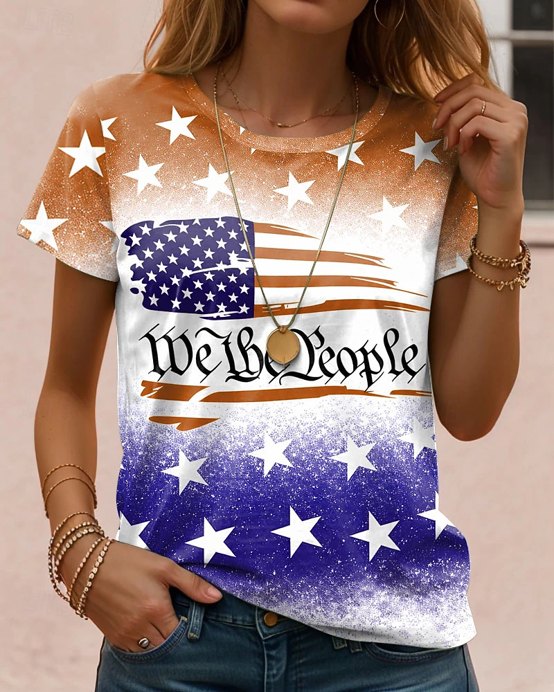 Independence Day Sparkle Gradient Star US Flag Slogan Loose Women Summer T-Shirt