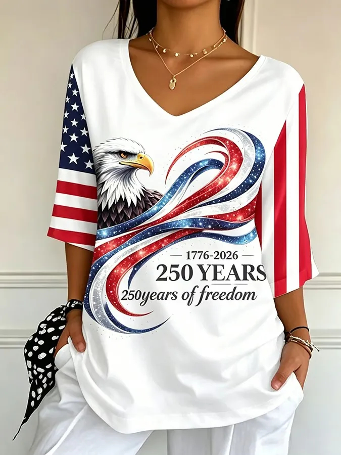 Patriotic Bald Eagle Heart Ribbon Print Loose Fit Women Holiday Tee