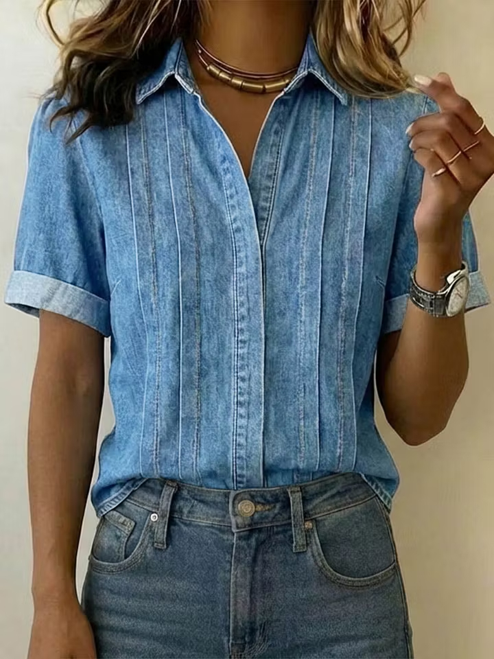 Urban Casual Rolled Sleeve Front Pleat Denim Blouse