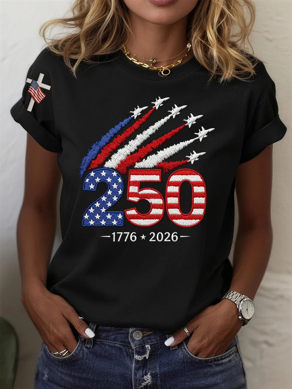[Copy]Women's USA 250th Anniversary Patriotic T-Shirt, 1776-2026 Flag Print Tee