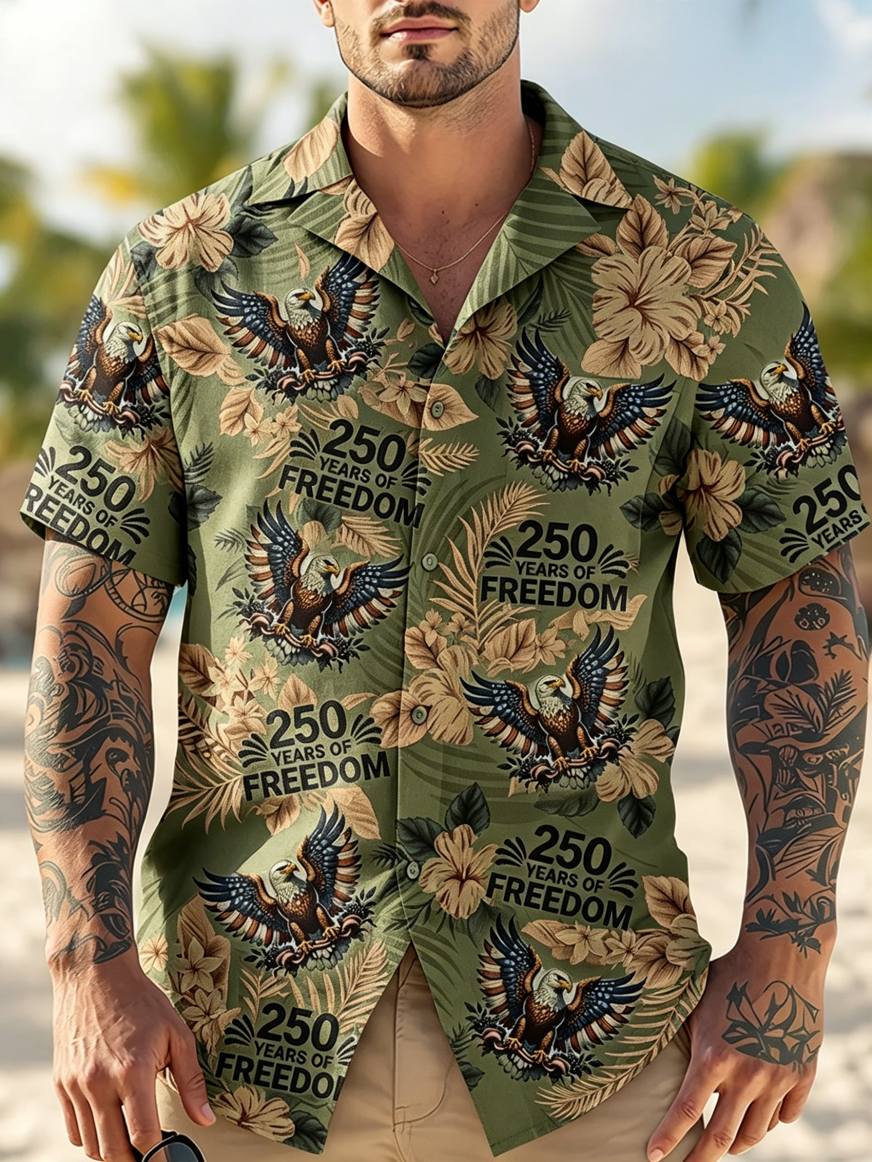 Patriotic USA Eagle Flag Print Camp Collar Shirt, Star & Firework Casual Aloha Shirt