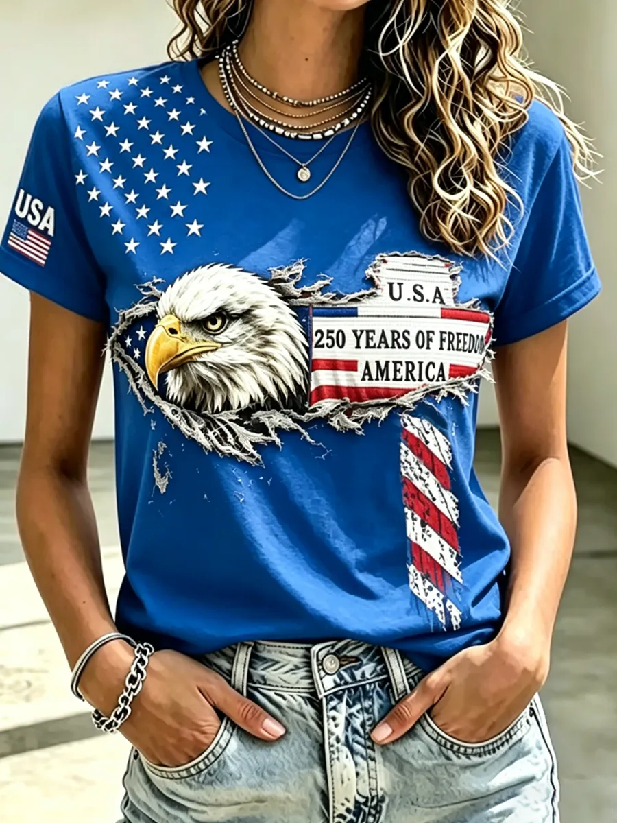 Vintage Ripped US Eagle Flag Independence Anniversary Casual Ladies T-Shirt
