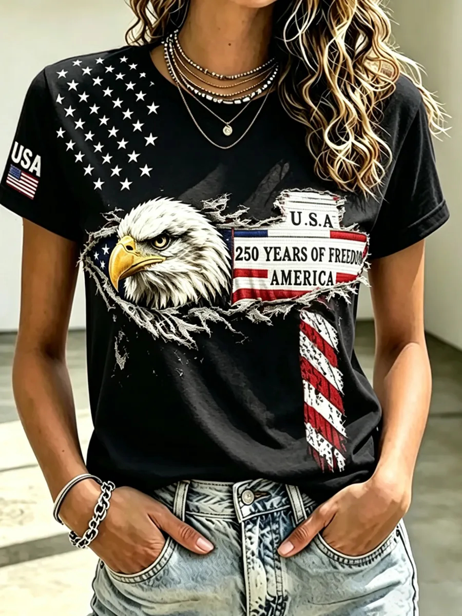 Vintage Ripped US Eagle Flag Independence Anniversary Casual Ladies T-Shirt