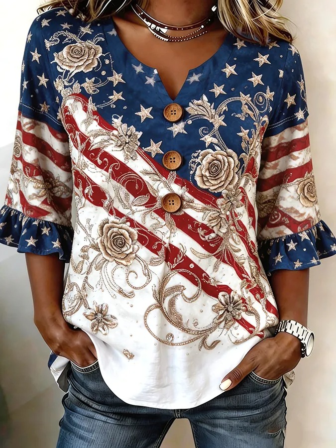 Women's Floral American Flag Ruffle-Sleeve Blouse
