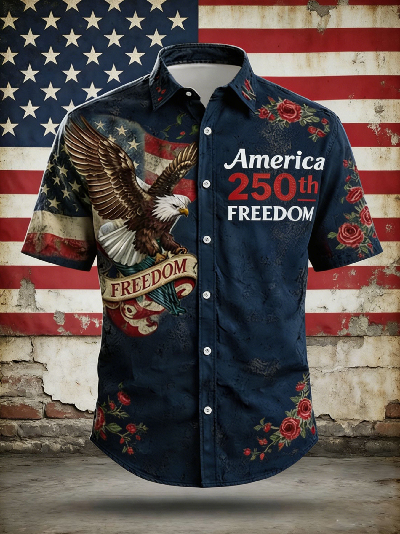 America 250th Freedom Vintage Button-Down Shirt – Eagle & American Flag Print with Floral Accents, Patriotic Short Sleeve Casual Top