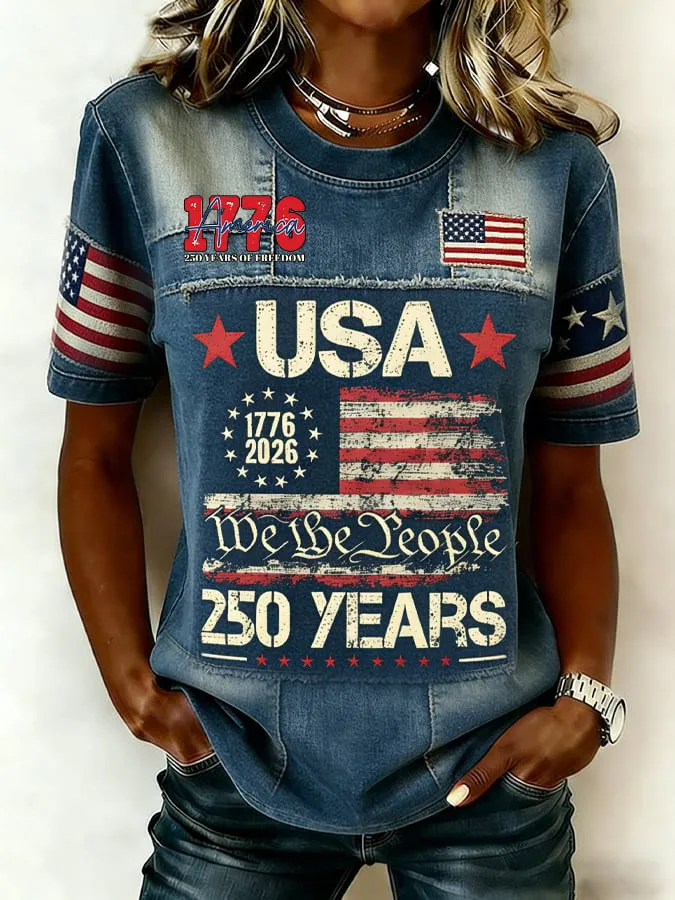 Patriotic Patchwork American Flag Sleeve Print Crew Neck Casual Tee For Women