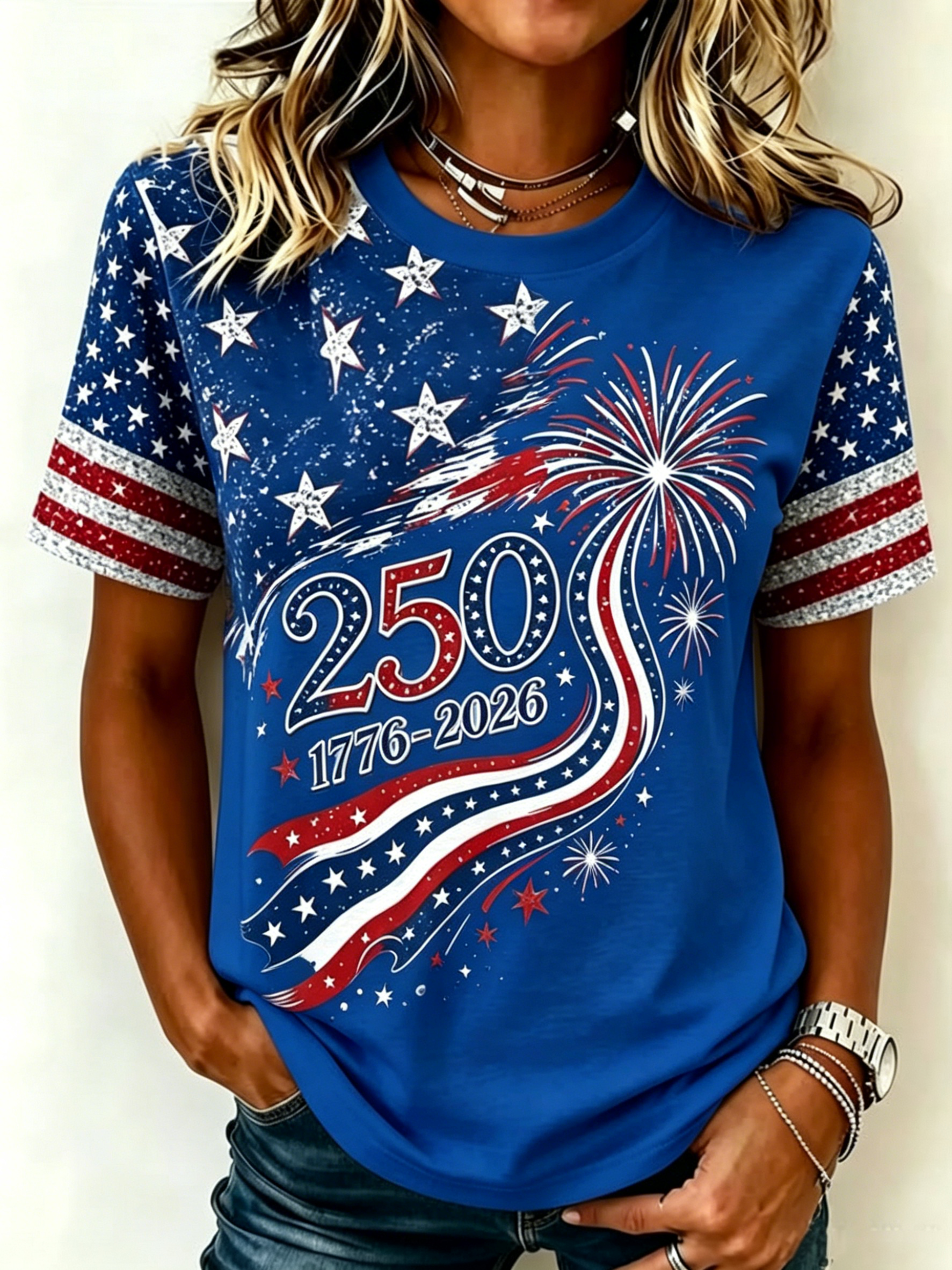 Vintage Distressed Patriotic Celebration Fireworks Printed Raglan Sleeve Women T-Shirt