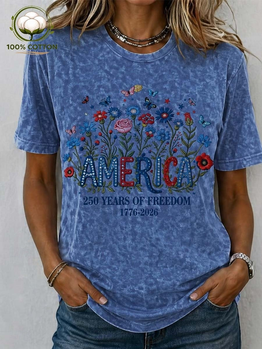 America Floral Wildflower Print Vintage Washed Loose Women Patriotic Summer Casual T-Shirt