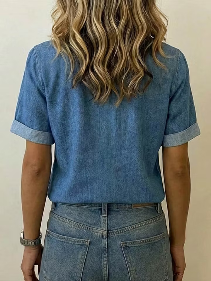 Urban Casual Rolled Sleeve Front Pleat Denim Blouse