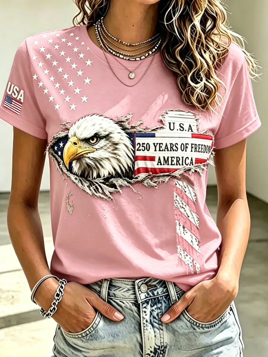 Vintage Ripped US Eagle Flag Independence Anniversary Casual Ladies T-Shirt