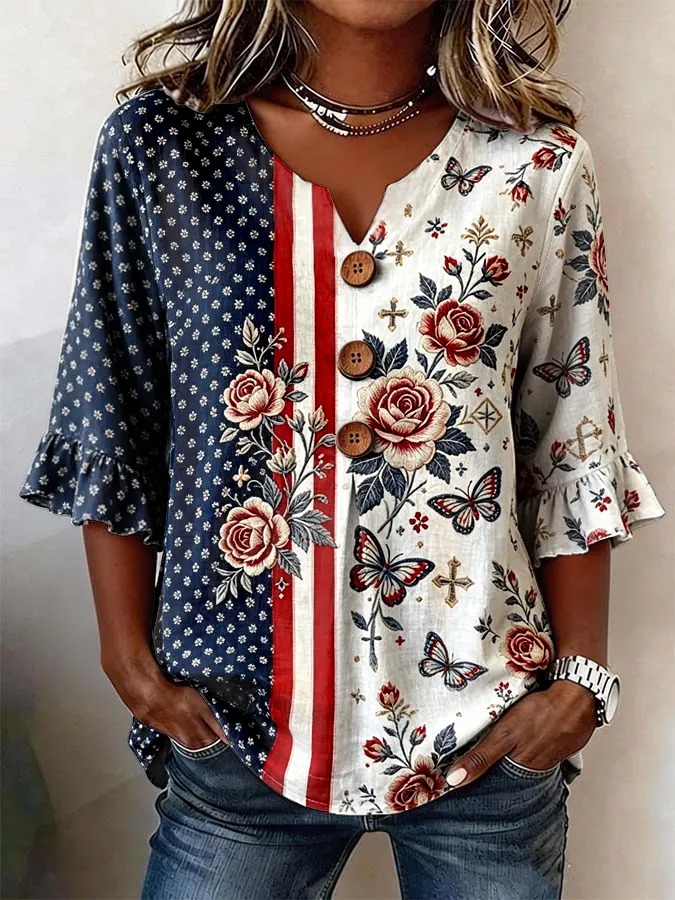 Women's Floral American Flag Ruffle-Sleeve Blouse