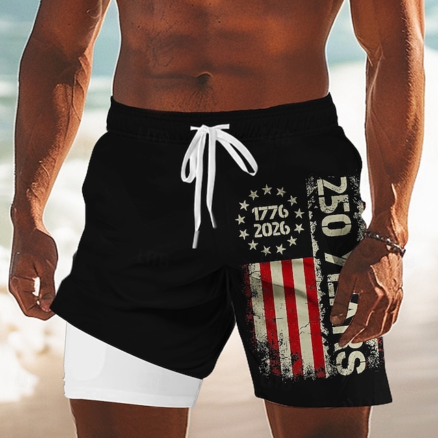  Men's 4th of July U.S. 250th Anniversary US Flag 1776 Lined Shorts