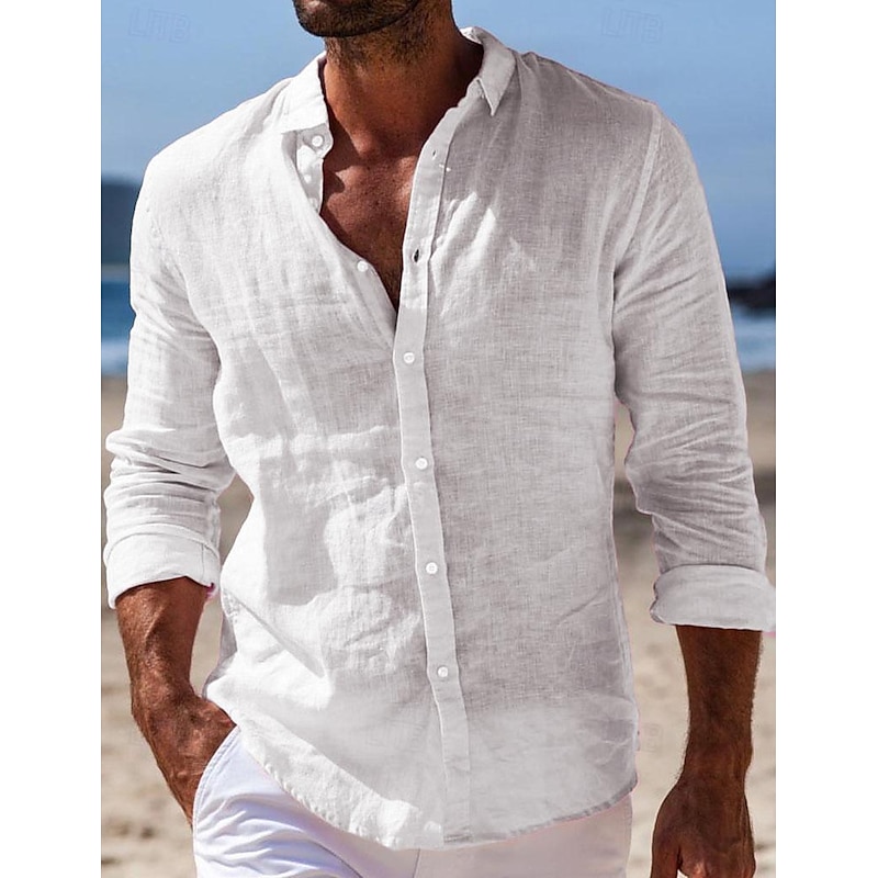 Men's Linen Button-Up Shirt - Summer Beach Casual Shirt