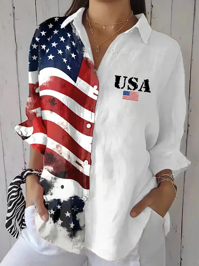 Lightweight Oversized USA Flag Patchwork Lapel Short Sleeve Holiday Casual Top\