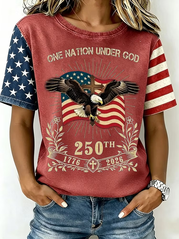 Women Eagle Cross One Nation Under God USA Flag Spliced Sleeve Vintage Washed T-Shirt