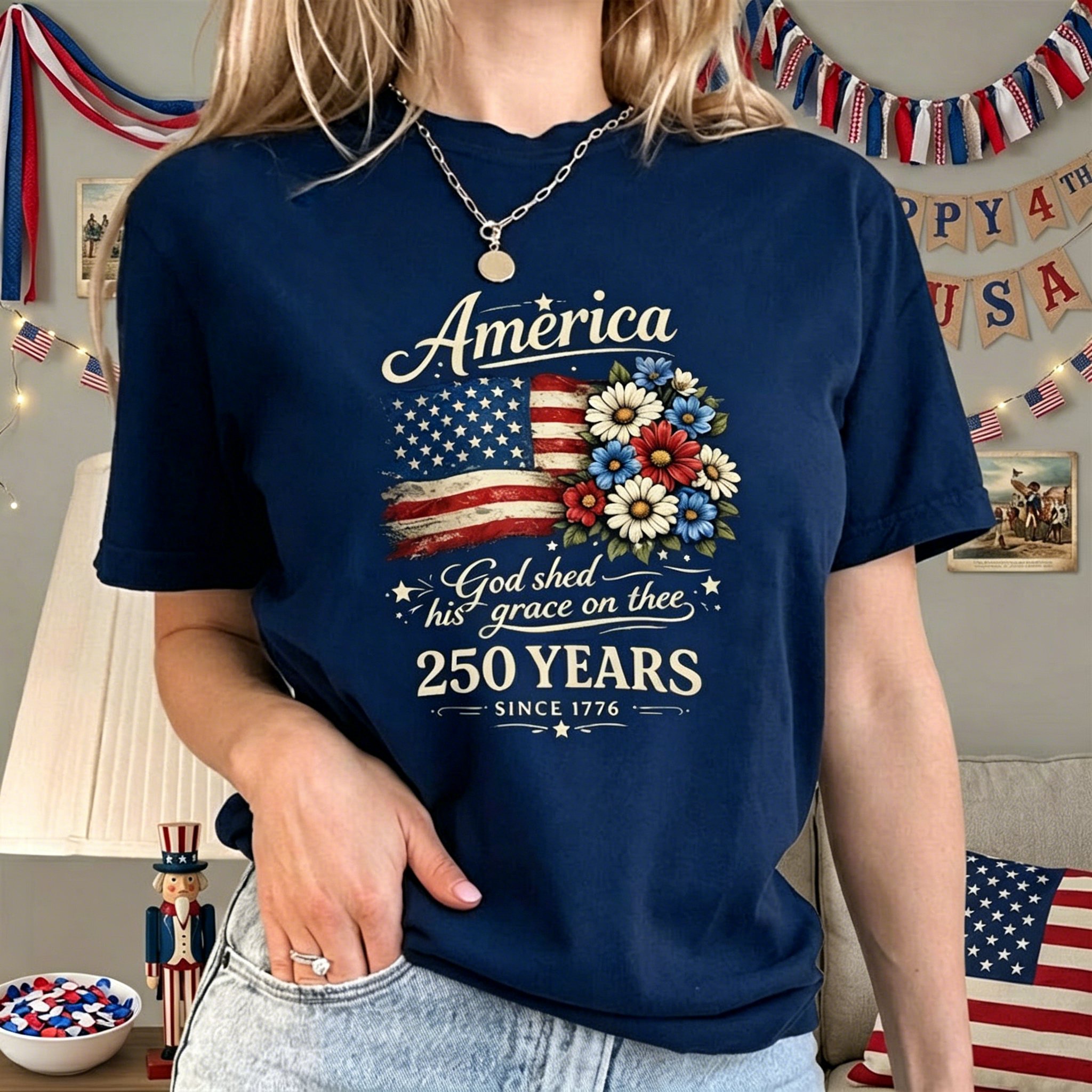 America 250 Years Floral Flag Graphic Tee – Vintage USA Flag with Flowers & "God Shed His Grace" Quote, Casual Black Short Sleeve Top