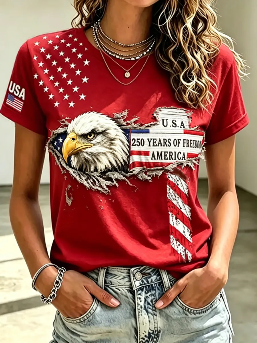 Vintage Ripped US Eagle Flag Independence Anniversary Casual Ladies T-Shirt