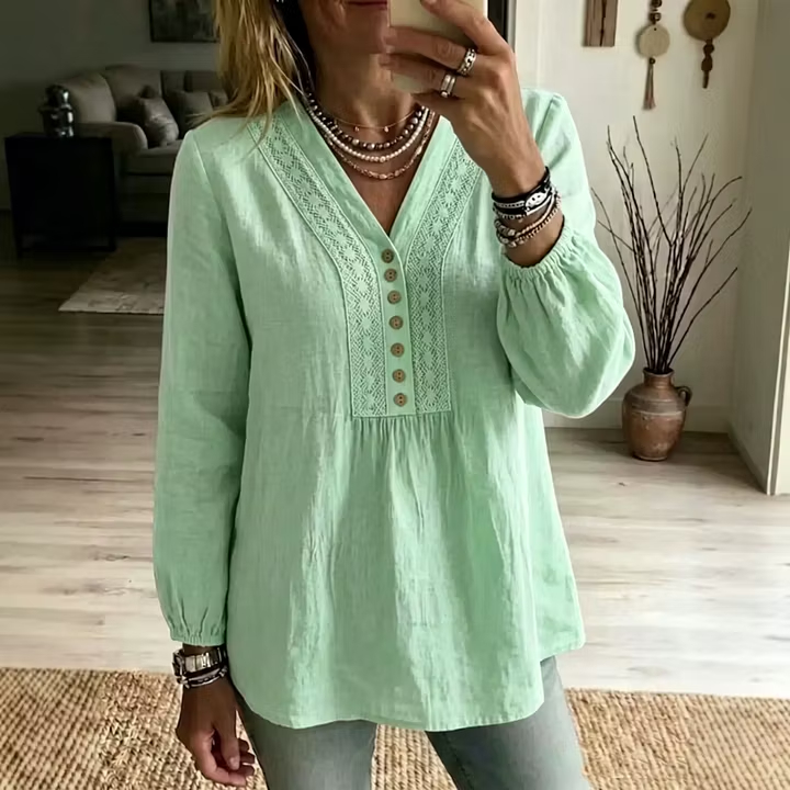 Women Breathable Linen Look Casual Tunic Top, V-Neck Crochet Lace Button Detail Puff Sleeve Blouse for Office Beach Daily Wear