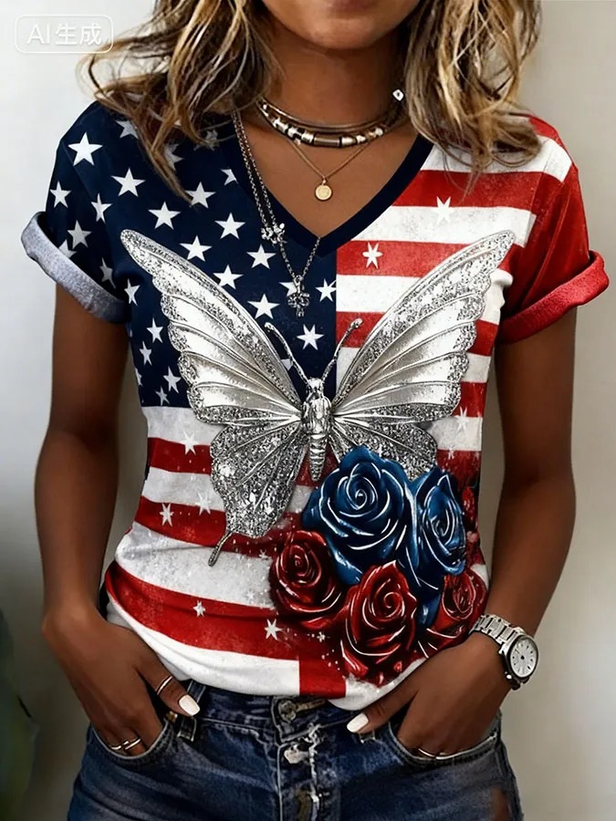 Women's Patriotic American Flag V-Neck T-Shirt with Silver Butterfly & Roses