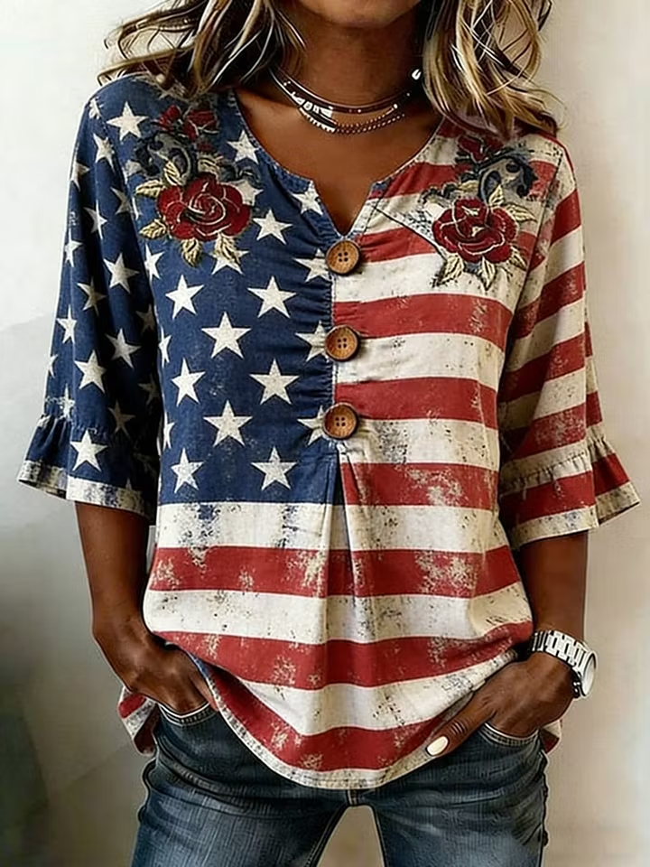 Women Floral Embroidery American Flag Notched V Neck Ruffle Sleeve Patriotic Casual Blo