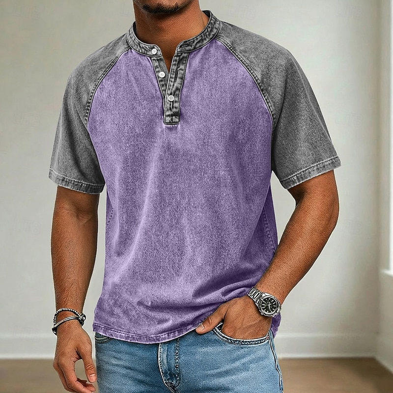 Men's Henley Acid Wash Shirt - Color Block Patchwork Vintage